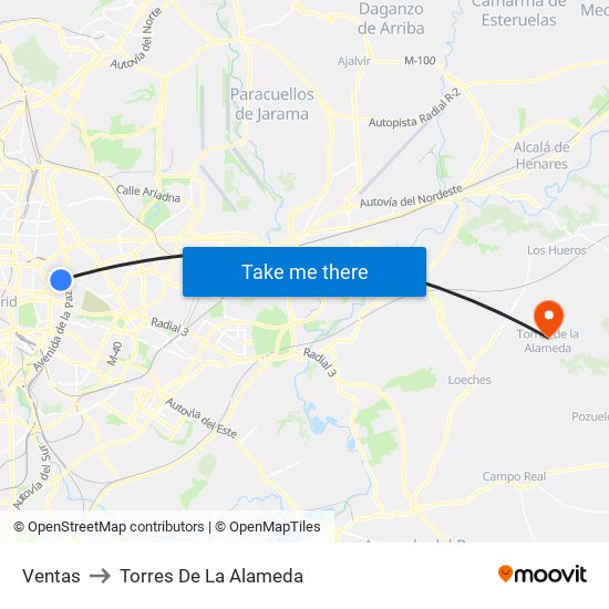 Ventas to Torres De La Alameda map