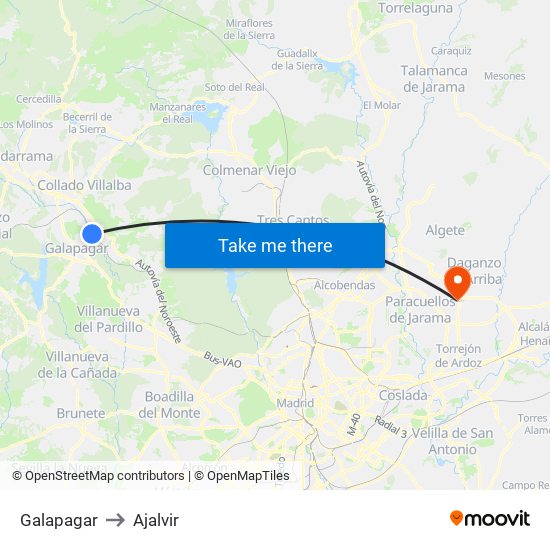 Galapagar to Ajalvir map