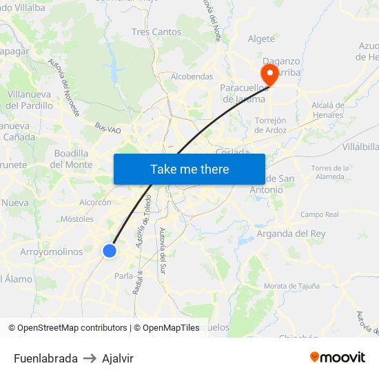 Fuenlabrada to Ajalvir map