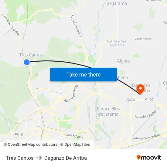 Tres Cantos to Daganzo De Arriba map