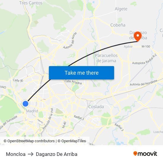 Moncloa to Daganzo De Arriba map