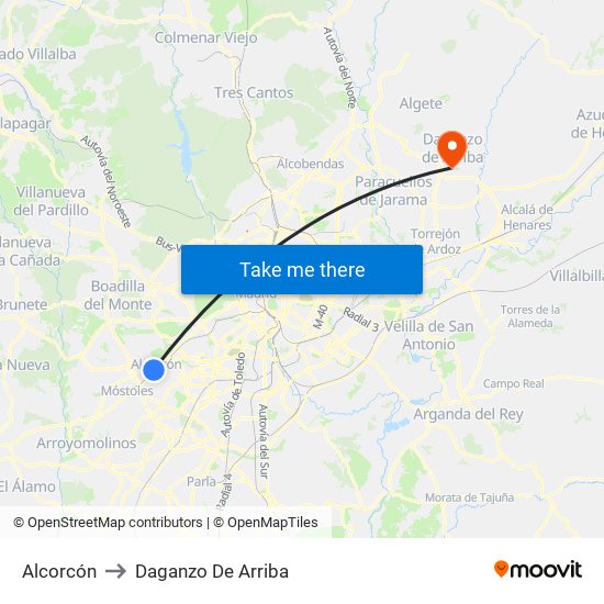 Alcorcón to Daganzo De Arriba map