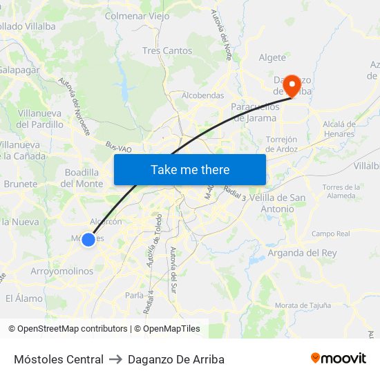 Móstoles Central to Daganzo De Arriba map