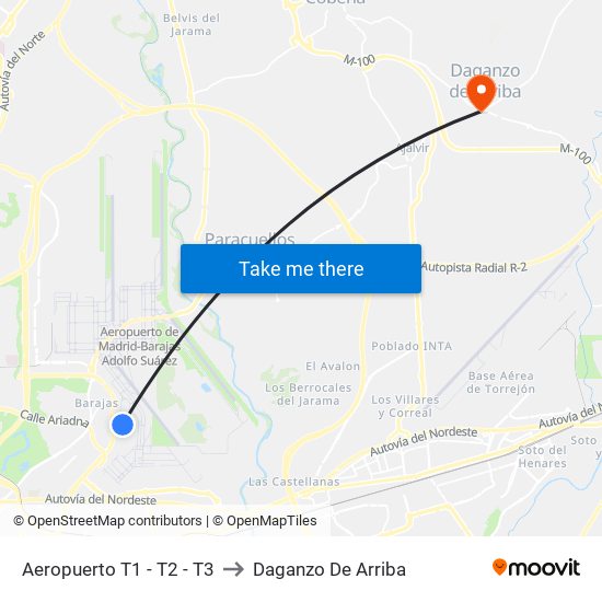 Aeropuerto T1 - T2 - T3 to Daganzo De Arriba map