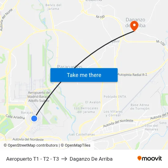 Aeropuerto T1 - T2 - T3 to Daganzo De Arriba map