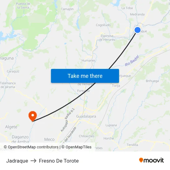 Jadraque to Fresno De Torote map