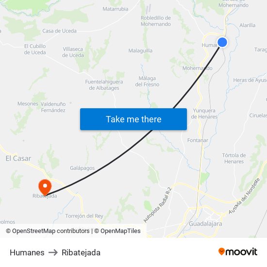 Humanes to Ribatejada map