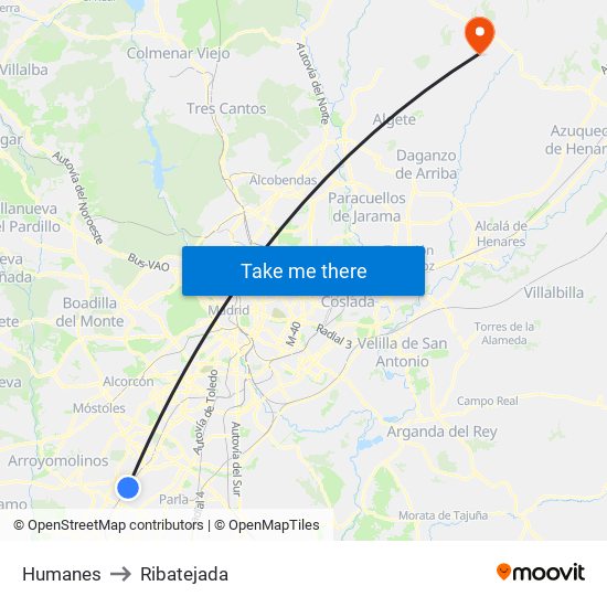 Humanes to Ribatejada map