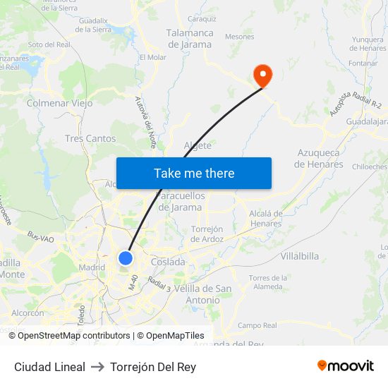 Ciudad Lineal to Torrejón Del Rey map