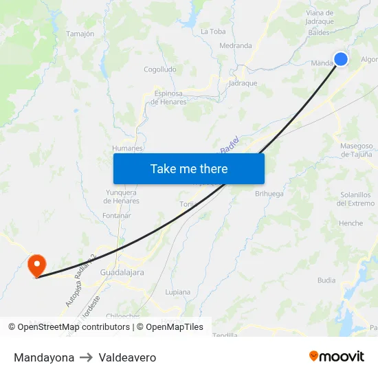 Mandayona to Valdeavero map