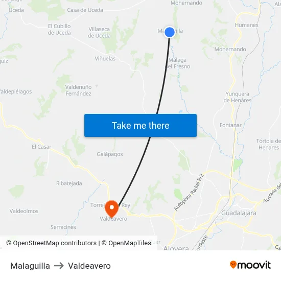 Malaguilla to Valdeavero map