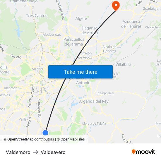 Valdemoro to Valdeavero map