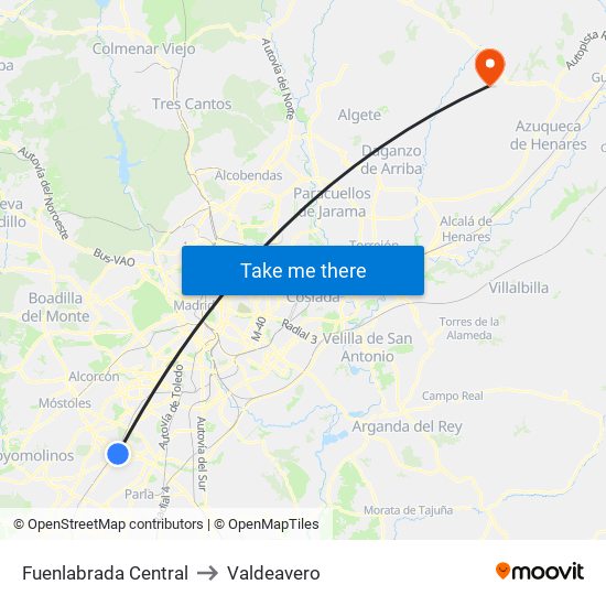 Fuenlabrada Central to Valdeavero map