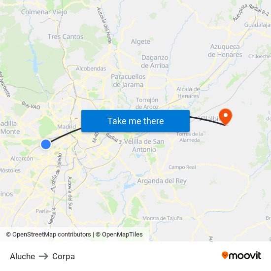 Aluche to Corpa map