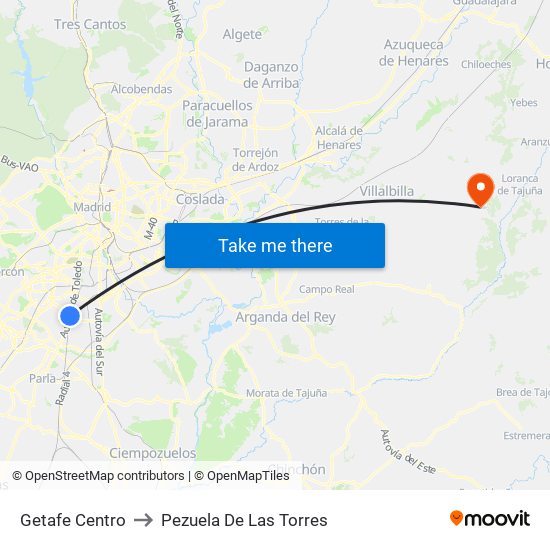 Getafe Centro to Pezuela De Las Torres map