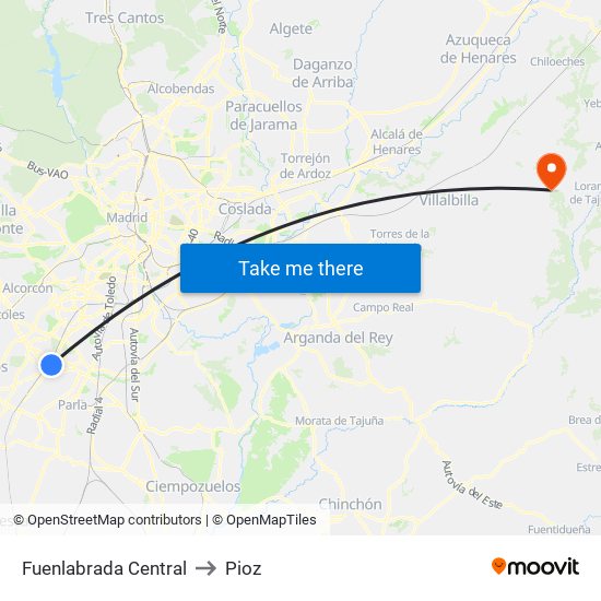 Fuenlabrada Central to Pioz map