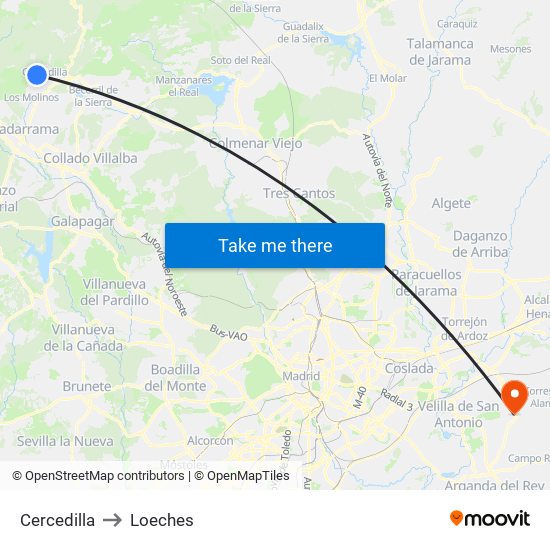 Cercedilla to Loeches map