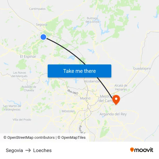 Segovia to Loeches map