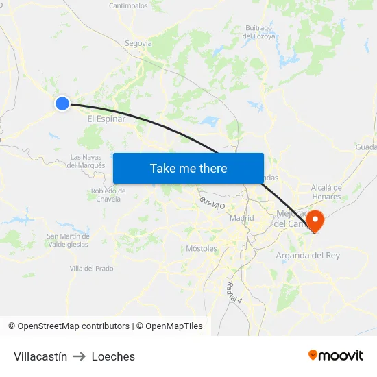 Villacastín to Loeches map