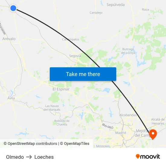Olmedo to Loeches map