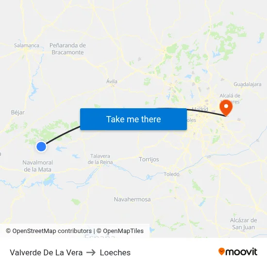 Valverde De La Vera to Loeches map