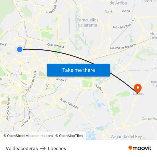 Valdeacederas to Loeches map