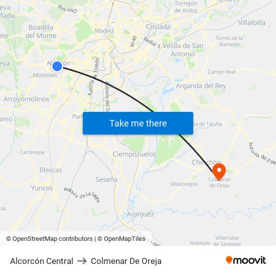 Alcorcón Central to Colmenar De Oreja map