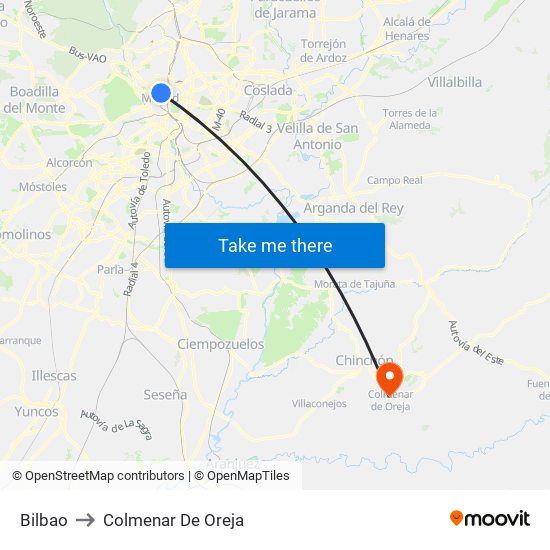 Bilbao to Colmenar De Oreja map