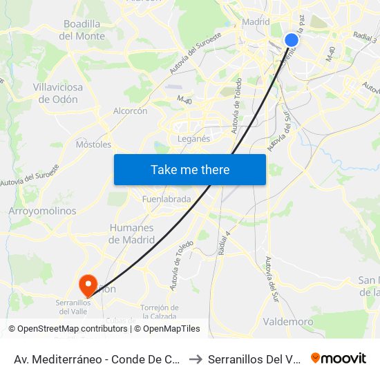 Av. Mediterráneo - Conde De Casal to Serranillos Del Valle map