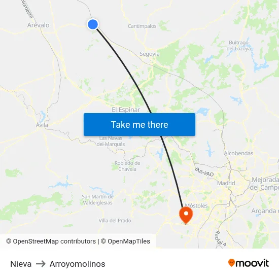 Nieva to Arroyomolinos map