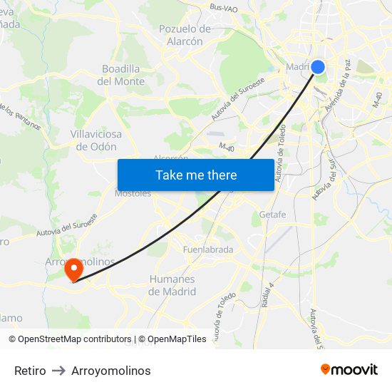 Retiro to Arroyomolinos map