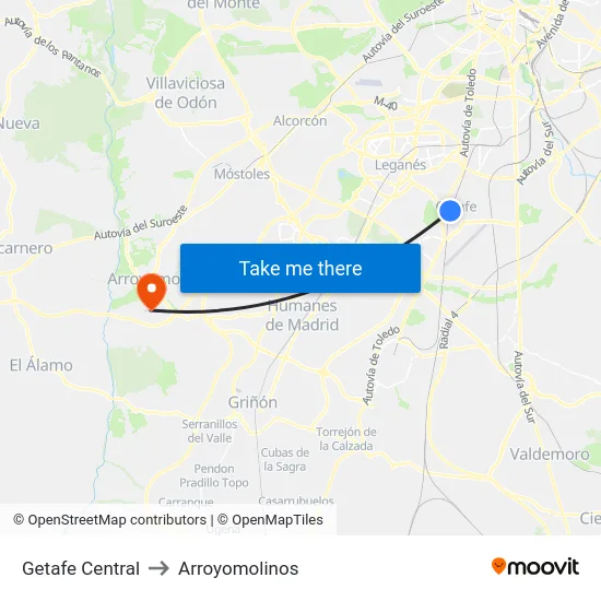 Getafe Central to Arroyomolinos map