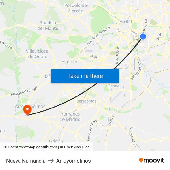 Nueva Numancia to Arroyomolinos map
