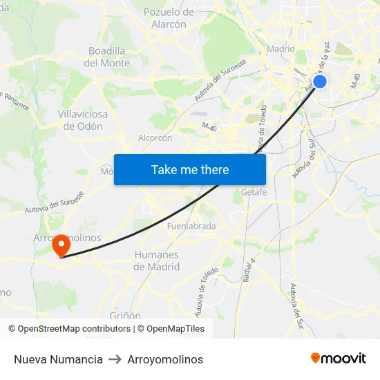 Nueva Numancia to Arroyomolinos map