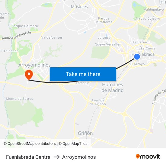 Fuenlabrada Central to Arroyomolinos map