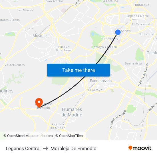 Leganés Central to Moraleja De Enmedio map