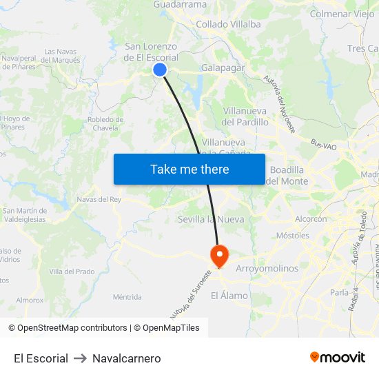 El Escorial to Navalcarnero map