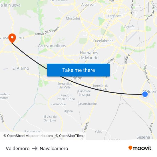 Valdemoro to Navalcarnero map