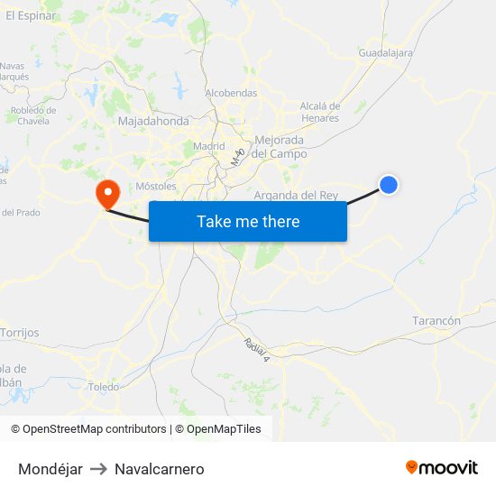 Mondéjar to Navalcarnero map