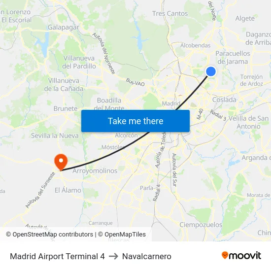 Madrid Airport Terminal 4 to Navalcarnero map