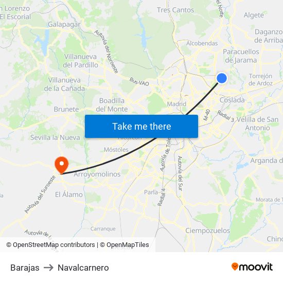 Barajas to Navalcarnero map