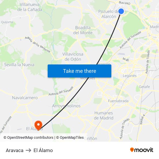 Aravaca to El Álamo map