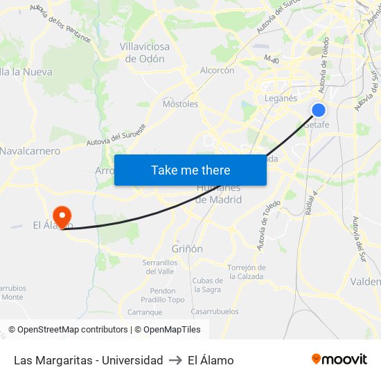 Las Margaritas - Universidad to El Álamo map