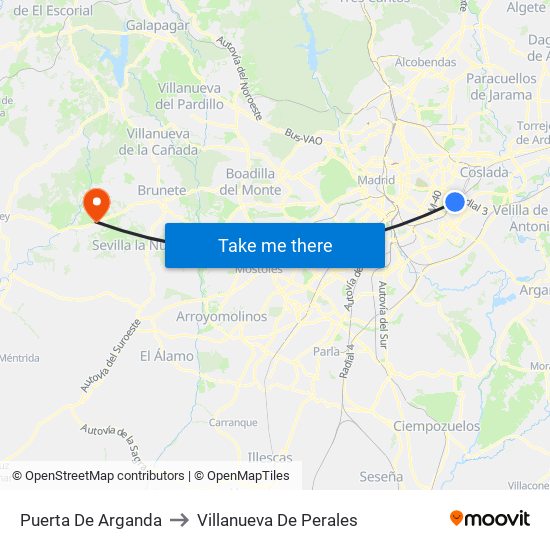 Puerta De Arganda to Villanueva De Perales map
