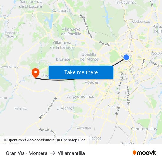 Gran Vía - Montera to Villamantilla map