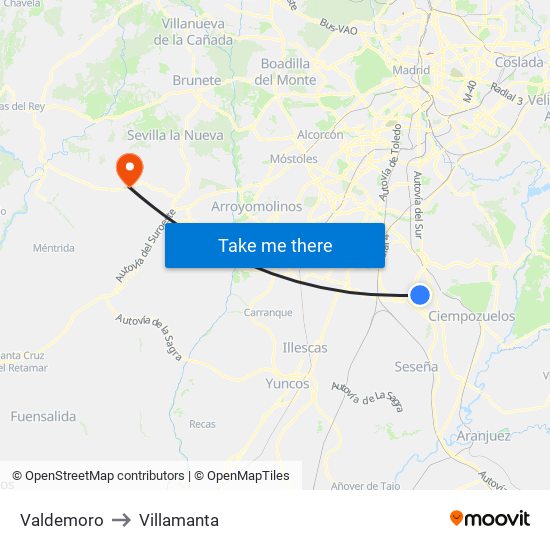 Valdemoro to Villamanta map