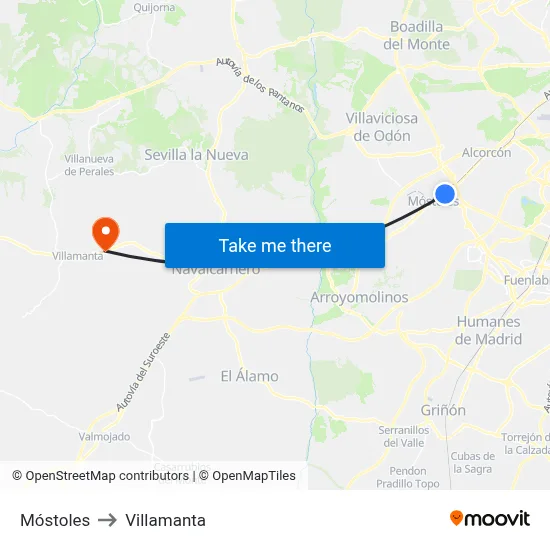 Móstoles to Villamanta map