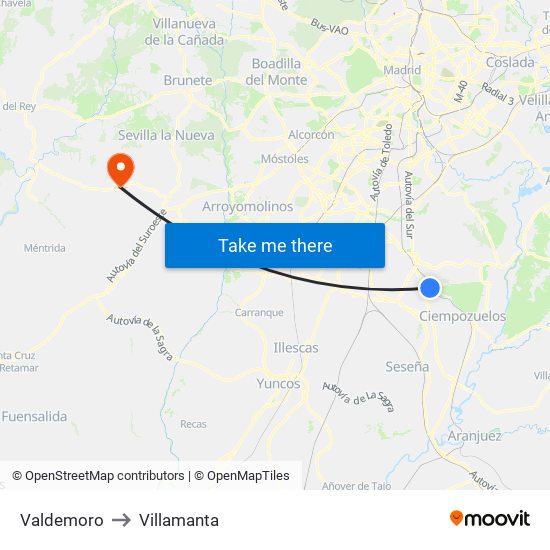Valdemoro to Villamanta map