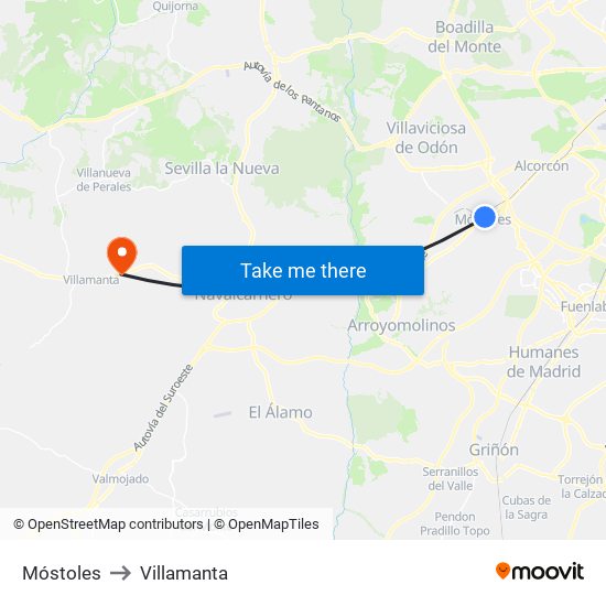 Móstoles to Villamanta map