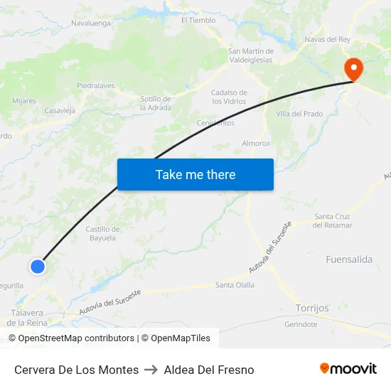Cervera De Los Montes to Aldea Del Fresno map